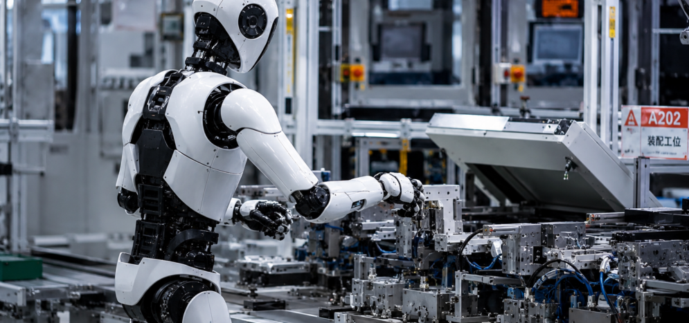 Robot humanoidalny w nowoczesnym zakładzie produkcyjnym Humanoidalny robot pracujący przy zautomatyzowanej linii montażowej w fabryce