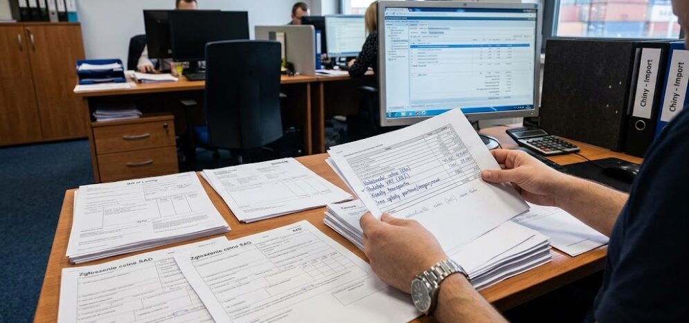 Proces importu z Chin: odprawa celna SAD w biurze spedycyjnym Widok na biuro spedycyjne zajmujące się importem z Chin. Na pierwszym planie mężczyzna w niebieskiej koszuli z zegarkiem trzyma w rękach fizyczny dokument zatytułowany "IMPORT Z CHIN - ODPRAWA CELNA", na którym widać wpisy "Port of origin: Shenzhen" oraz inne rubryki dotyczące importera. Obok, na biurku, leżą stosy formularzy "Zgłoszenie celne SAD" i małe pudełko z napisem "Made in China" i chińską flagą, obok otwartego pudełka z próbkami elektroniki. W tle kobieta pracuje przy komputerze, na którego ekranie widać mapę trasy z Shenzhen do Portu Gdańsk z zielonym haczykiem i napisem "STATUS: W TRAKCIE ROZŁADUNKU". Na półce za nią znajdują się segregator z etykietami: "Ceny - Import", "Listy przewozowe - Chiny", "SAD - Rok 2024", "Kontrola Jakości - Dostawcy Chińscy". Za oknem rozpościera się widok na wielki terminal kontenerowy z suwnicami portowymi COSCO. W pokoju widać innych pracowników przy biurkach.