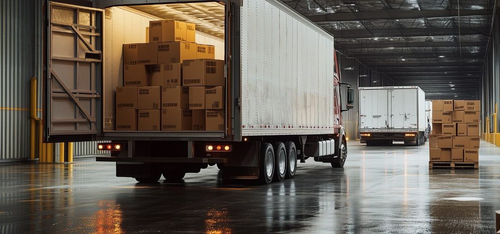 Załadunek i transport towarów w magazynie logistycznym Ciężarówka z otwartą naczepą załadowaną kartonami w magazynie logistycznym.